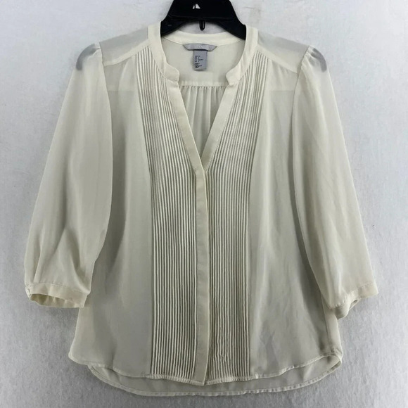 H & M Blouse Women's Sz 6 White V-Neck Pintuck 3/4 Sleeve Button Front Shirt - Picture 1 of 11